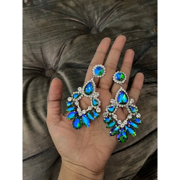 Big Blue green earrings large crystal chandelier rhinestone crystal 3.6” long - Picture 7 of 8